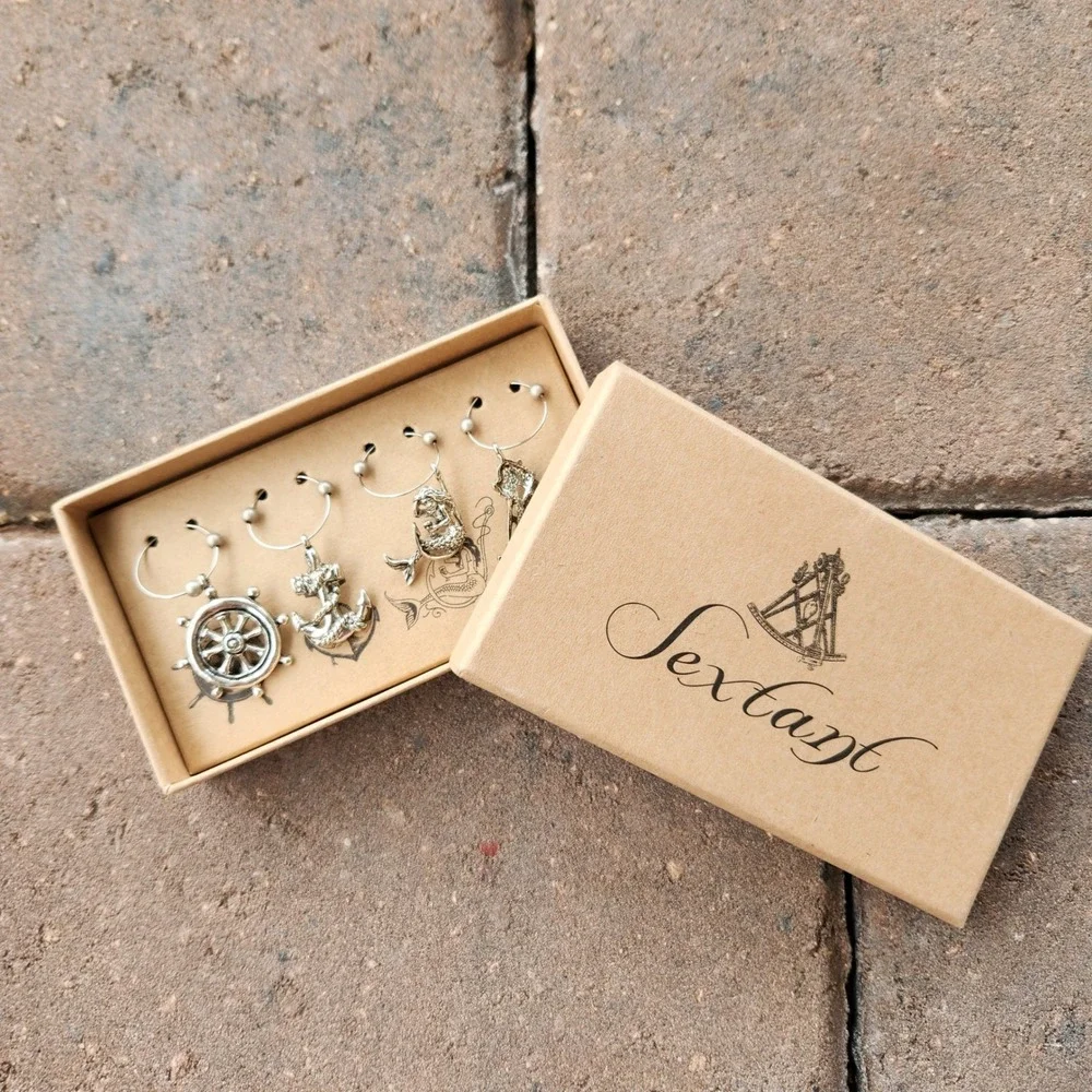 NEW Nautical Wine Glass Charms Set 4pc Silver‎ Anchor Mermaid Ship Wheel Boxed